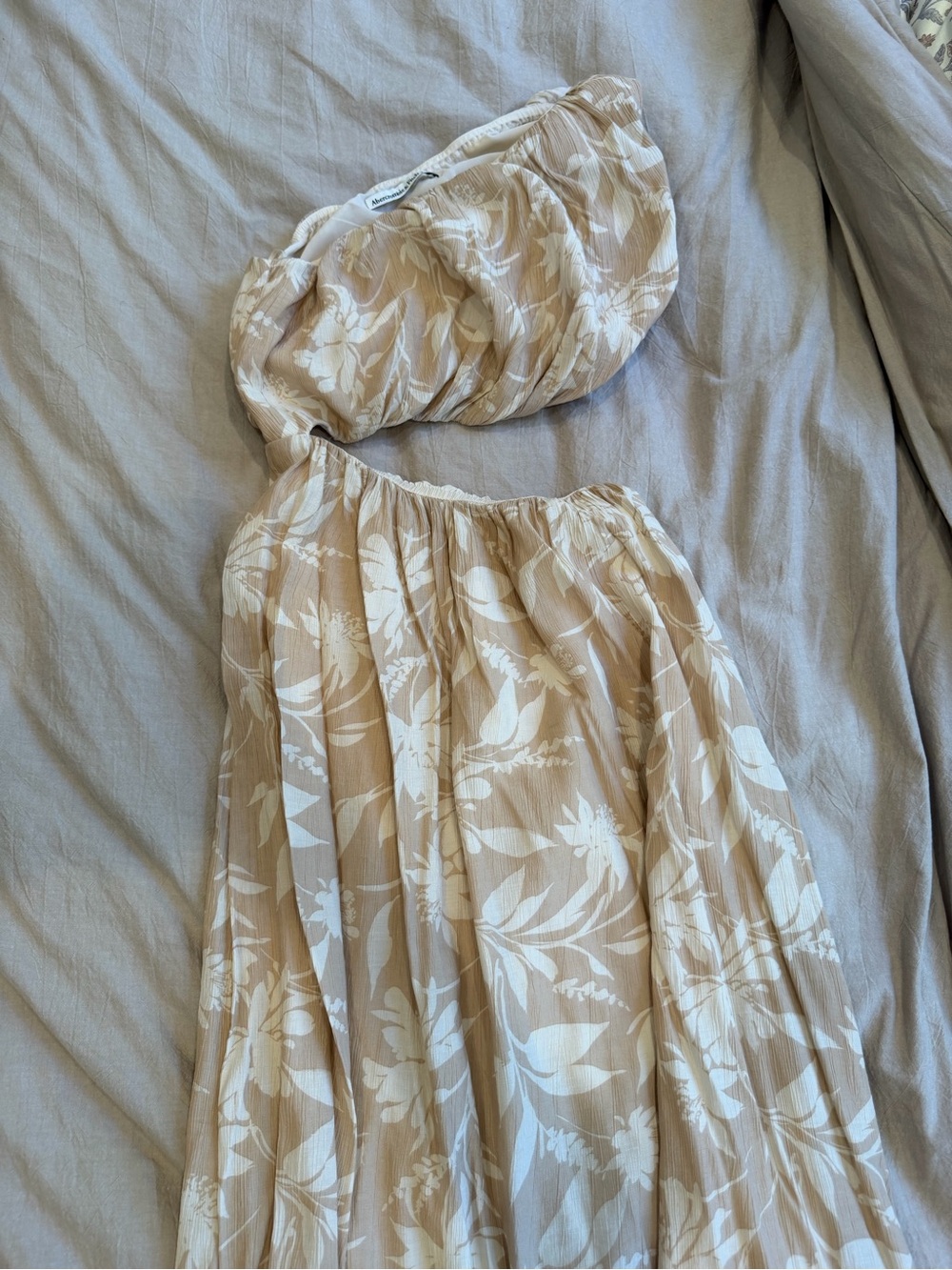 Beige Floral One Shoulder Cut Out Maxi Dress